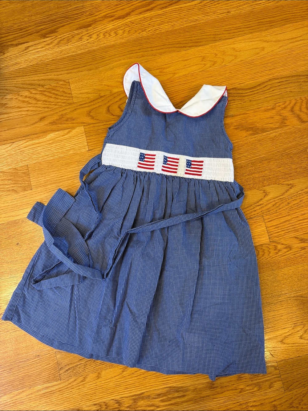 Navy Gingham Smocked Kids Dress with Flag Embroidery